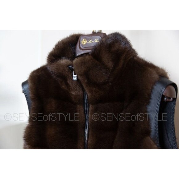 Loro Piana Mink Fur Leather Cashmere Vest Jacket Coat Brown 40 S 4 - Picture 3 of 10
